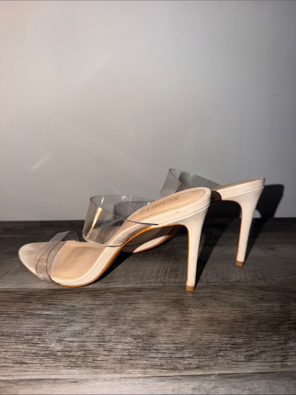 SCHUTZ Nude Cream Clear Strap Stiletto Mules